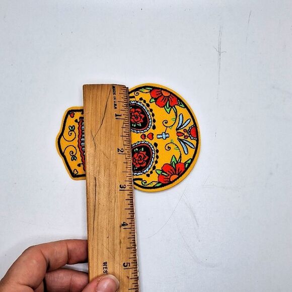 Orange-red and blue sugar skulls iron on patch diy wearable art - Picture 3 of 3